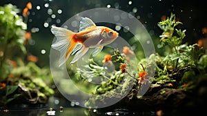 Goldfish floating above a fish tank containing an open lock. Digital illustration. Generative AI