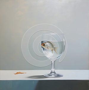Goldfish in a glass of water on a white table against a gray wall.