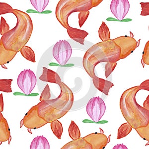 goldfish japanese chinese catfish magnolia bud and lotus seamless pattern on white background watercolor illustration