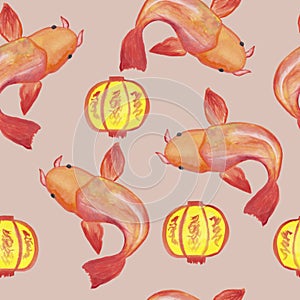 goldfish japanese chinese catfish and traditional yellow lantern seamless pattern on beige background watercolor