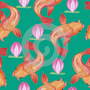 goldfish japanese chinese catfish and traditional yellow lantern seamless pattern on green background watercolor