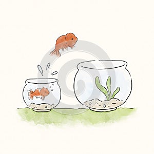 Goldfish jumping into a bigger bowl