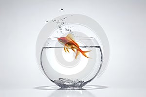 Goldfish jumping out of an aquarium with water drops on white background