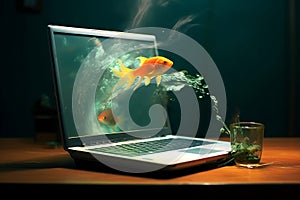 Goldfish jumping out of the monitor