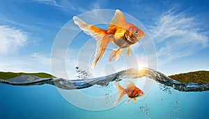 Goldfish jumping out of round fishbowl into freedom