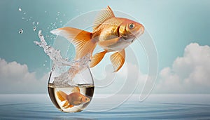 Goldfish jumping out of round fishbowl into freedom