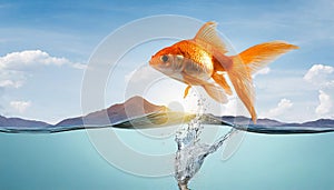 Goldfish jumping out of round fishbowl into freedom