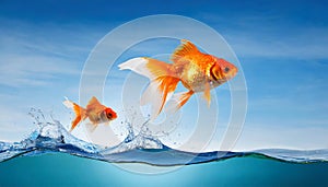 Goldfish jumping out of round fishbowl into freedom