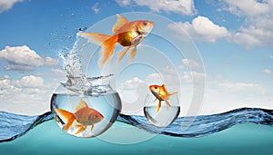 Goldfish jumping out of round fishbowl into freedom