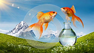 Goldfish jumping out of round fishbowl into freedom