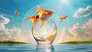 Goldfish jumping out of round fishbowl into freedom