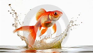 Goldfish jumping out of round fishbowl into freedom