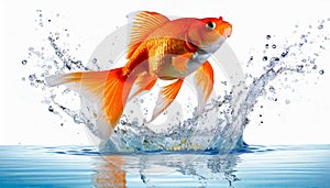 Goldfish jumping out of round fishbowl into freedom