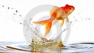 Goldfish jumping out of round fishbowl into freedom