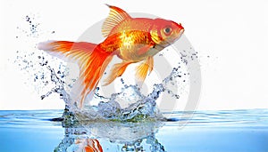 Goldfish jumping out of round fishbowl into freedom