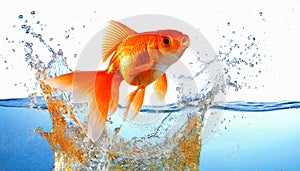 Goldfish jumping out of round fishbowl into freedom