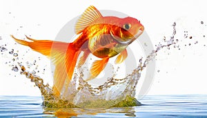 Goldfish jumping out of round fishbowl into freedom