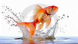 Goldfish jumping out of round fishbowl into freedom