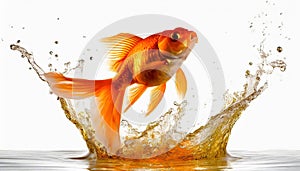 Goldfish jumping out of round fishbowl into freedom