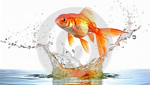 Goldfish jumping out of round fishbowl into freedom