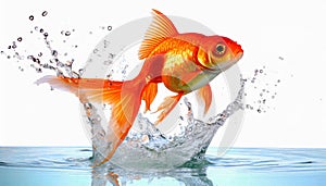 Goldfish jumping out of round fishbowl into freedom