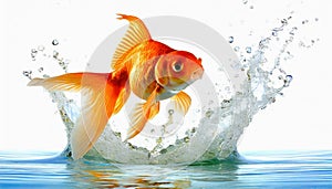 Goldfish jumping out of round fishbowl into freedom