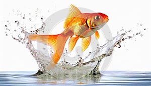 Goldfish jumping out of round fishbowl into freedom