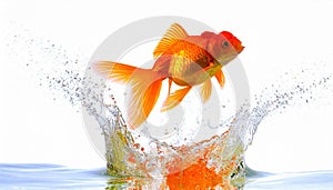 Goldfish jumping out of round fishbowl into freedom