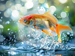 Goldfish jumping out of water with bokeh background, Goldfish in the nature