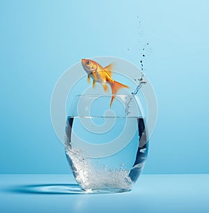 Goldfish jumping out of the water, isolated on blue background.