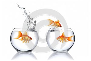 Goldfish jumping out of the water, from one fishbowl to another isolated on white background