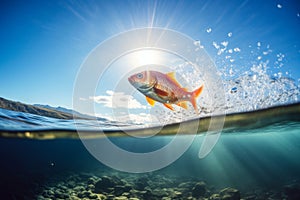 A goldfish jumping out of the water on sunny summer day, super wide angle. Generative AI