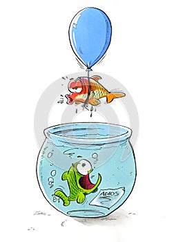 A fish leaves the fish tank in a balloon, leaving a farewell note to another fish in the fish tank photo