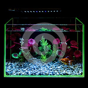 Goldfish in a night illuminated aquarium