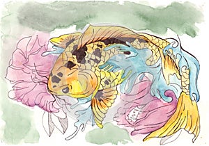 Goldfish in pink lilies. watercolor illustration. Artistic fish characters. Marine under water life