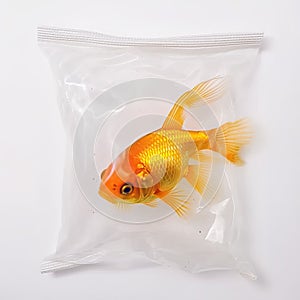 Goldfish in plastic bag isolated on white background