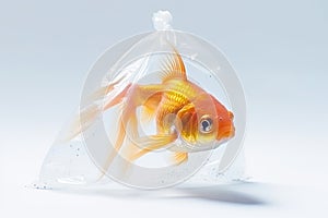 Goldfish in plastic bag isolated on white background, staring with big eyes