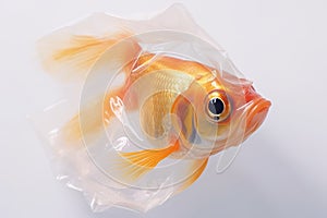 Goldfish in a plastic bag staring with big eyes isolated on white background