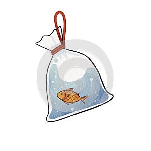 Goldfish in plastic bag watercolor illustration for decoration on summer.