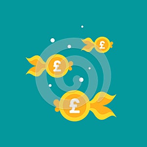 Goldfish. Pound sterling coin as golden fish. Flat icon isolated on blue background. Free, easy catch money