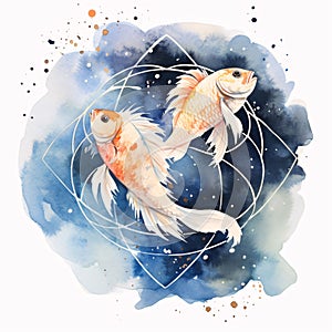 Goldfish and Sacred geometry. Watercolor hand drawn illustration isolated on white background