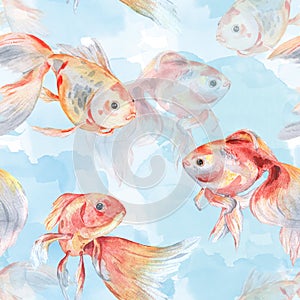 Goldfish. Seamless watercolor pattern on a watercolor background