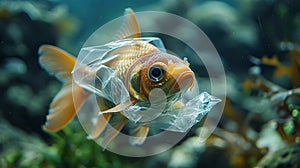Goldfish Trapped in Plastic Bag Underwater Pollution
