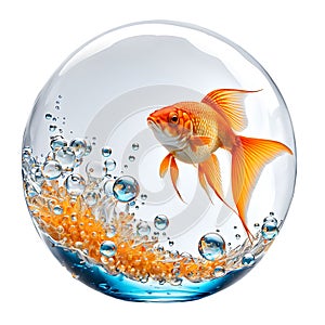 Goldfish in a white glass water bubble on a white bg