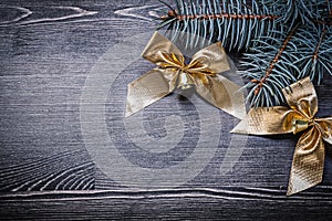 Goldish bows fir tree branch on wooden board photo