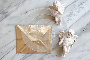 goldleaf envelope on marble with cupid figurine