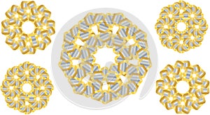 Golds and irons in circle pattern in white background