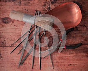 Goldsmith tools on the work bench. Taken in the Golden City of Pforzheim, Germany