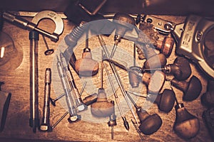 Goldsmiths tools on the goldsmith workplace. photo