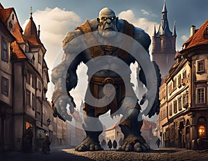 Golem, a creature from Prague legends and Jewish folklore, buildings on background photo